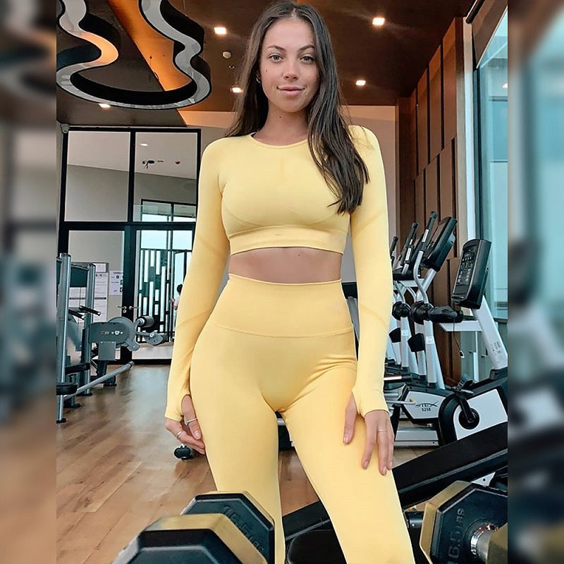 5 Colors Seamless Yoga Set Women 2PCS Sportwear Clothing Active Wear Gym Suit Long Sleeve Crop Top High Waist Elastic Leggings