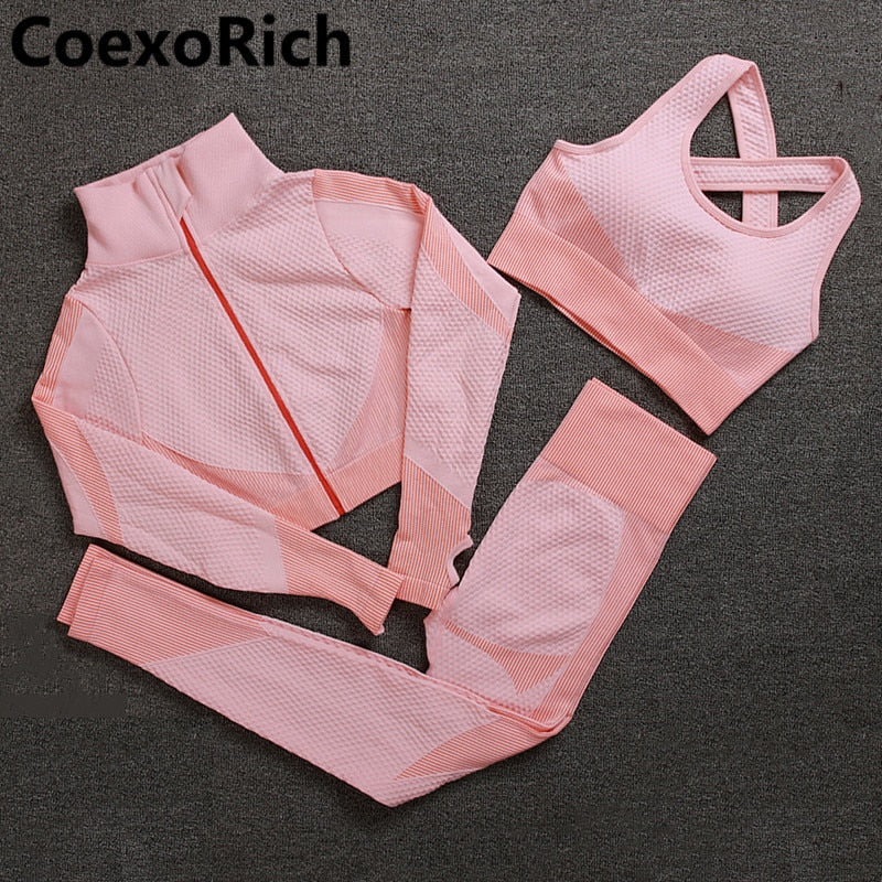 Sportswear Set Women Fitness  Seamless Yoga Suit 3PCS Crop Tank Top Yoga Legging Workout Bra