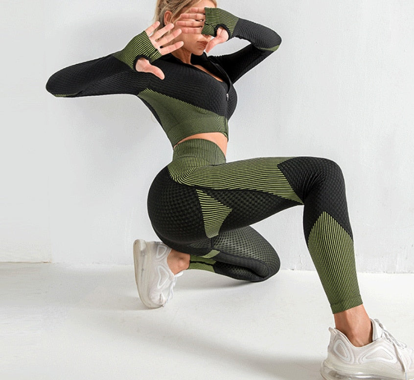 Sportswear Set Women Fitness  Seamless Yoga Suit 3PCS Crop Tank Top Yoga Legging Workout Bra